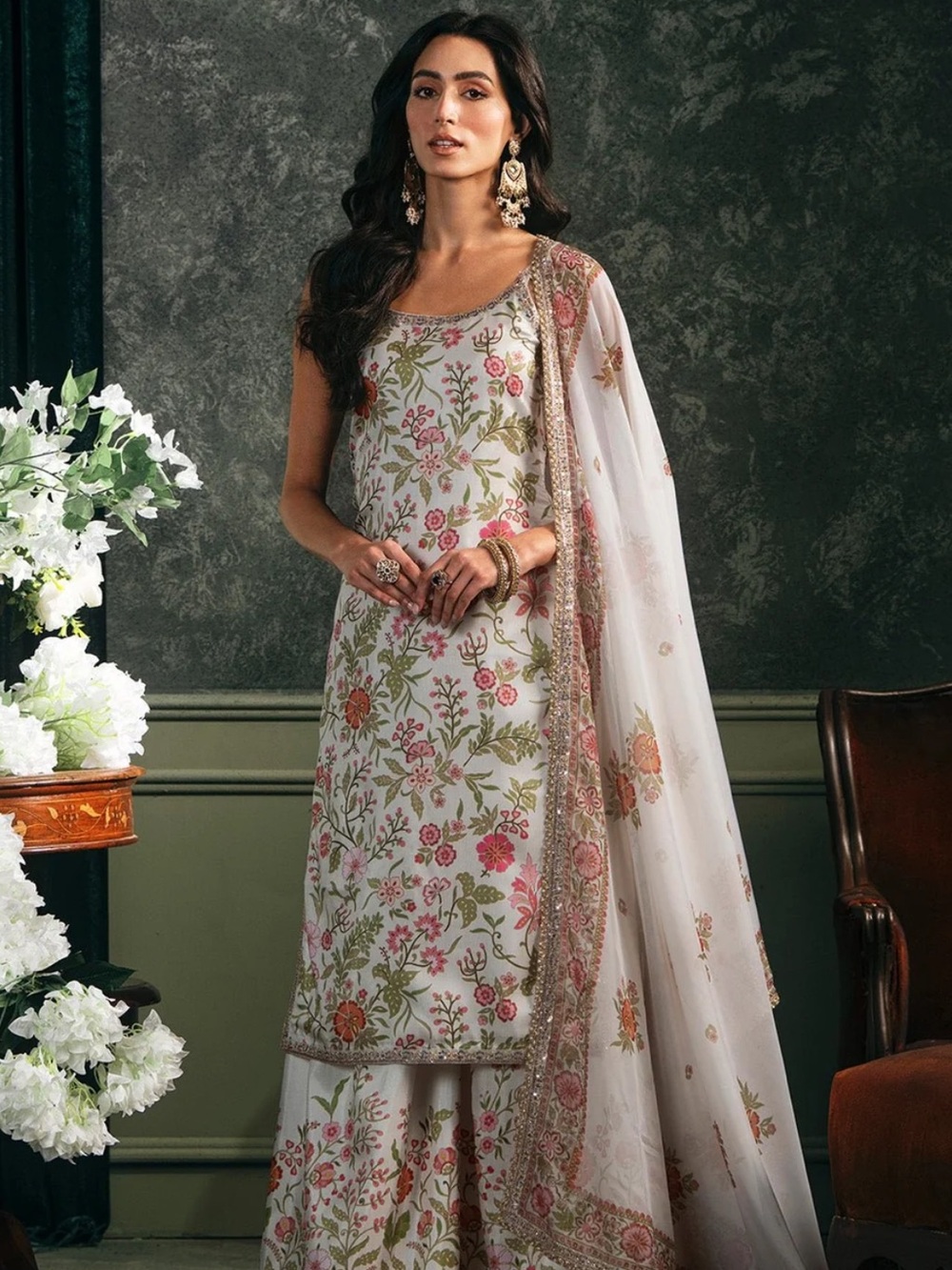 Floral Maxi Dress with Coordinated Dupatta